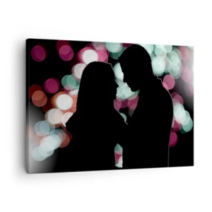 Quadro su tela - Stampe su Tela - Silhouette di una coppia su uno sfondo di luci bokeh colorate - 70x50cm - Si! - Decorazione murale moderna per soggiorno e camera da letto ARTTOR
