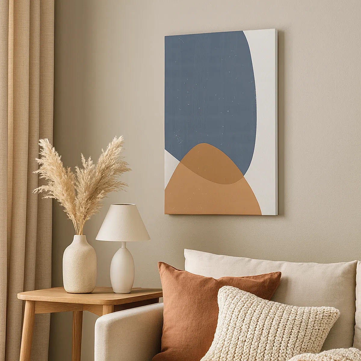Quadro su tela - Stampe su Tela - Una composizione geometrica minimalista nei toni del blu e dell'arancione. - 50x70cm - Ovali e influenze - Decorazione murale moderna per soggiorno e camera da letto ARTTOR