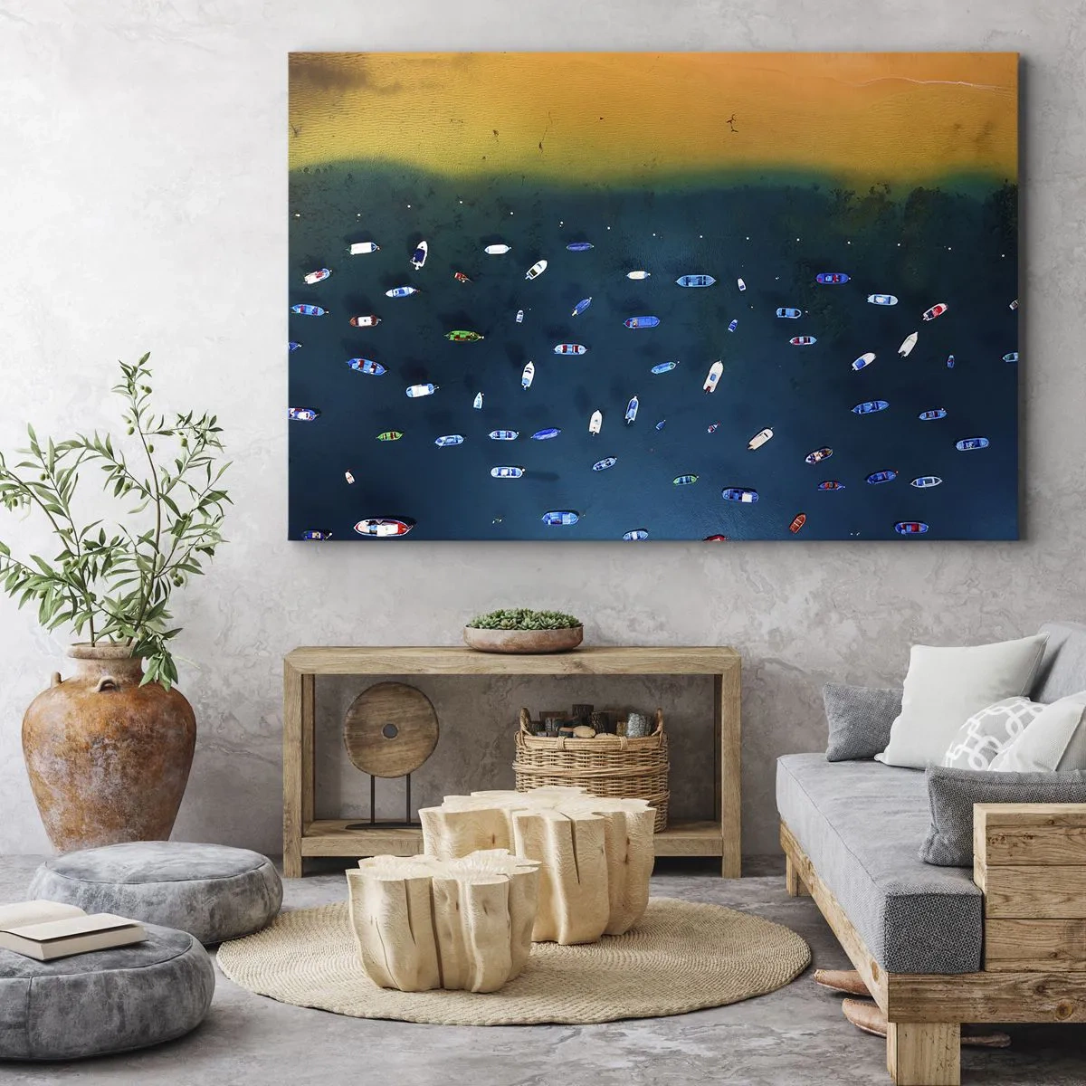 Quadro su tela - Stampe su Tela - Vista aerea di barche in acqua e di una spiaggia sabbiosa - 70x50cm - Il gioco delle vacanze - Decorazione murale moderna per soggiorno e camera da letto ARTTOR