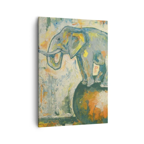 Quadro su tela - Stampe su Tela - Un elefante in equilibrio su una palla in stile artistico - 50x70cm - Evviva il circo! - Decorazione murale moderna per soggiorno e camera da letto ARTTOR