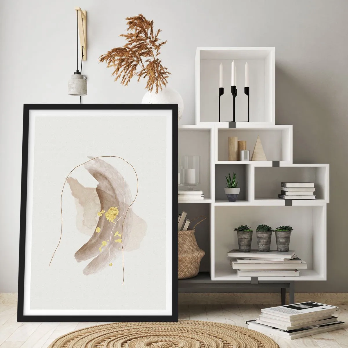 Poster in cornice nera - Un motivo astratto in beige con delicati accenti dorati. - 50x70cm - Incontro nello spazio - Decorazione murale moderna per soggiorno e camera da letto ARTTOR