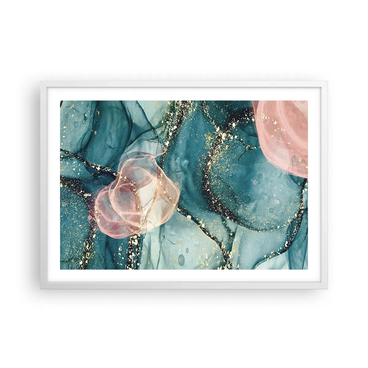 Poster in cornice bianca - Blu di seta, rosa di tulle - 70x50 cm