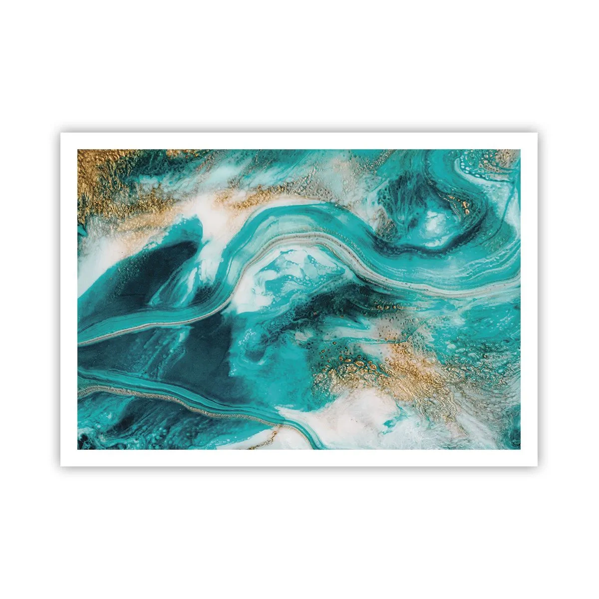 Poster - Astrazione turchese con accenti bianchi e dorati - 100x70cm - Il fiume d'oro - Decorazione murale moderna per soggiorno e camera da letto ARTTOR