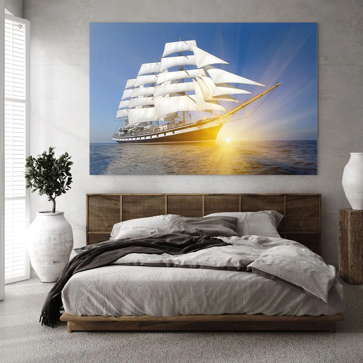Quadro su vetro - Una nave a vela illuminata dai raggi del sole in mare aperto - 100x70cm - Il loro tempo non passa mai - Decorazione murale moderna per soggiorno e camera da letto ARTTOR