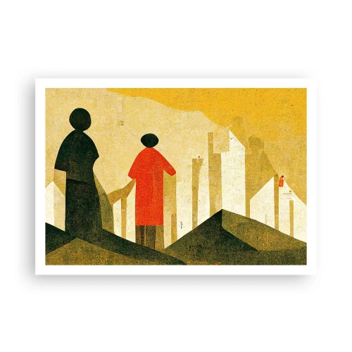 Poster - Silhouette geometriche in rosso e verde su sfondo giallo - 100x70cm - La strada è ancora lunga - Decorazione murale moderna per soggiorno e camera da letto ARTTOR