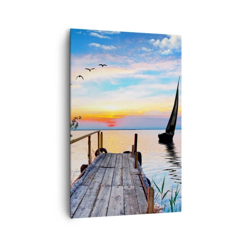 Quadro su tela - Stampe su Tela - Molo del lago con barca e tramonto - 80x120cm - Buona sera - Decorazione murale moderna per soggiorno e camera da letto ARTTOR