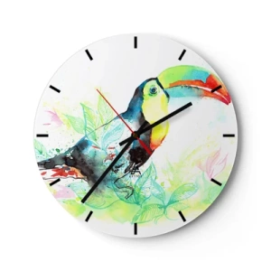 Orologio da parete - Orologio in Vetro - Tucano su uno sfondo di foglie tropicali in colori acquerellati - 30x30cm - Colorato come l'America del Sud - Decorazione murale moderna per soggiorno, cucina e camera da letto ARTTOR