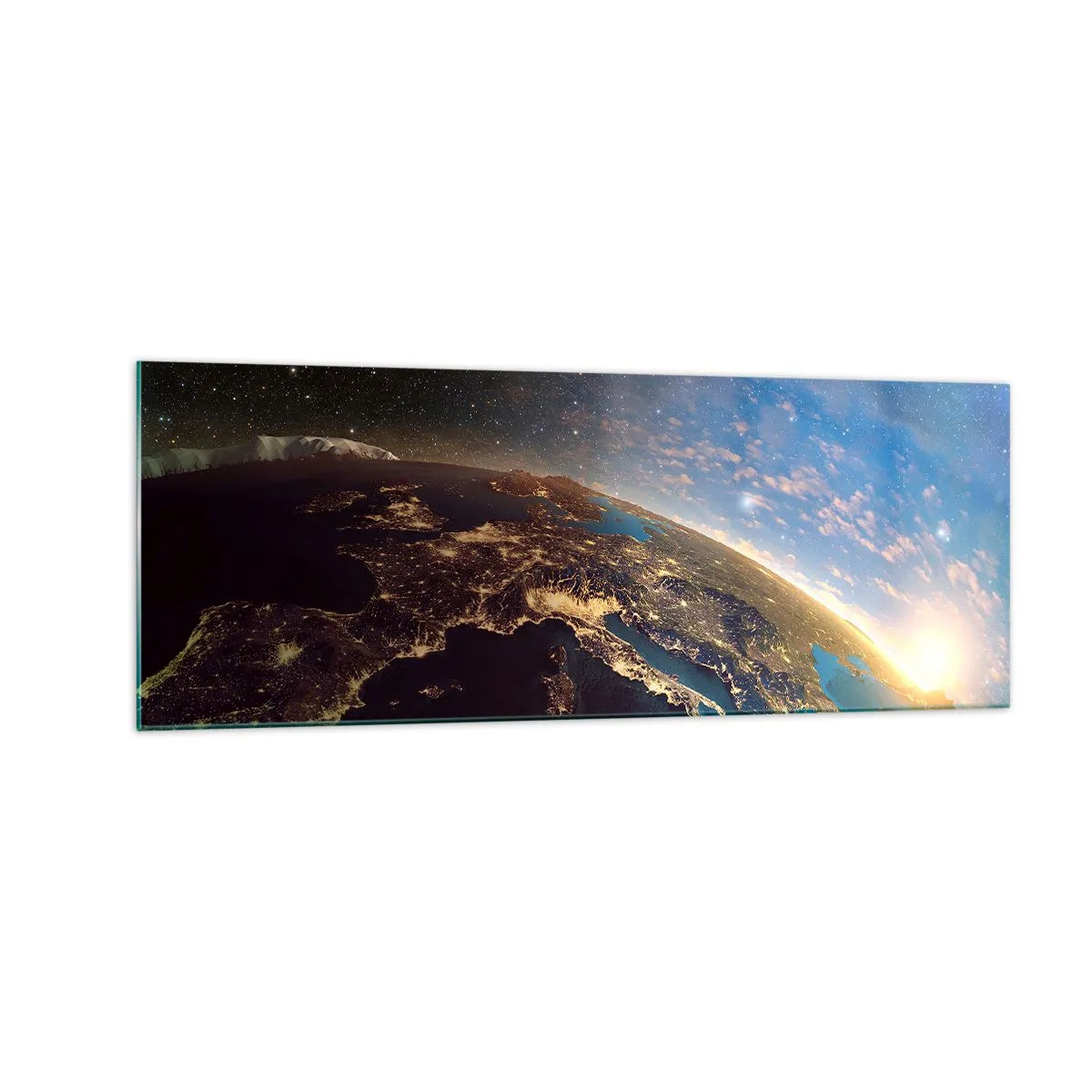 Quadro su vetro - Vista della Terra dallo spazio all'alba - 140x50cm - Guardiamoci da lontano - Decorazione murale moderna per soggiorno e camera da letto ARTTOR