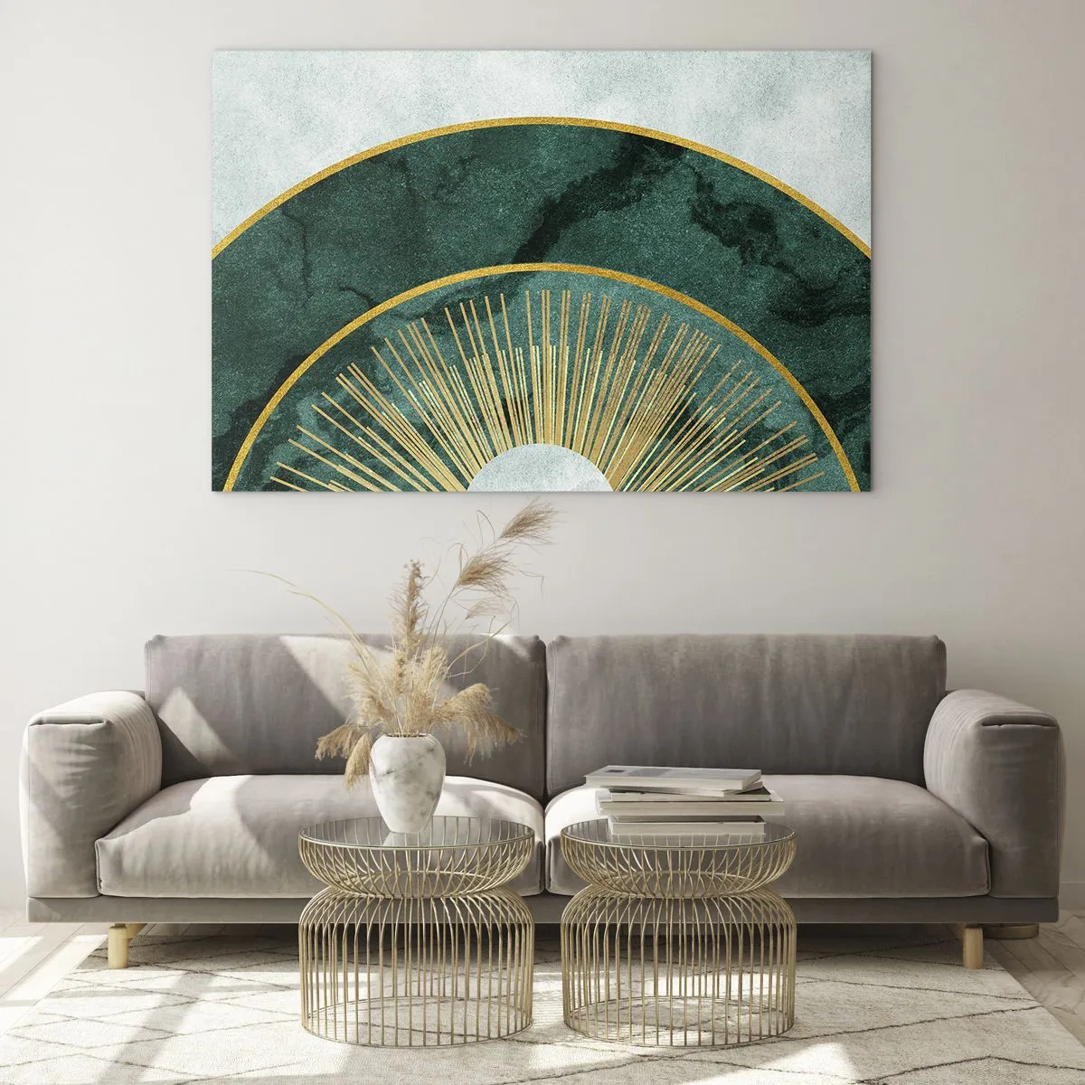 Quadro su vetro - Raggi dorati su uno sfondo di semicerchi verdi con struttura in marmo - 70x50cm - Un altro sistema solare - Decorazione murale moderna per soggiorno e camera da letto ARTTOR