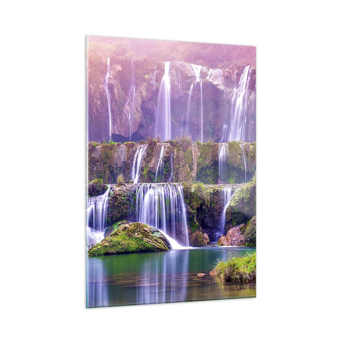 Quadro su vetro - Pittoresche cascate che scorrono lungo le rocce verdi al tramonto - 50x70cm - La scala verso il cielo - Decorazione murale moderna per soggiorno e camera da letto ARTTOR