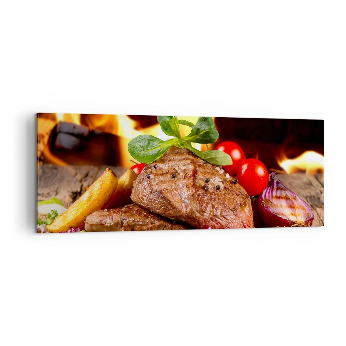 Quadro su tela - Stampe su Tela - Bistecca alla griglia con contorni sullo sfondo delle fiamme - 140x50cm - Incantate dal fuoco - Decorazione murale moderna per soggiorno e camera da letto ARTTOR