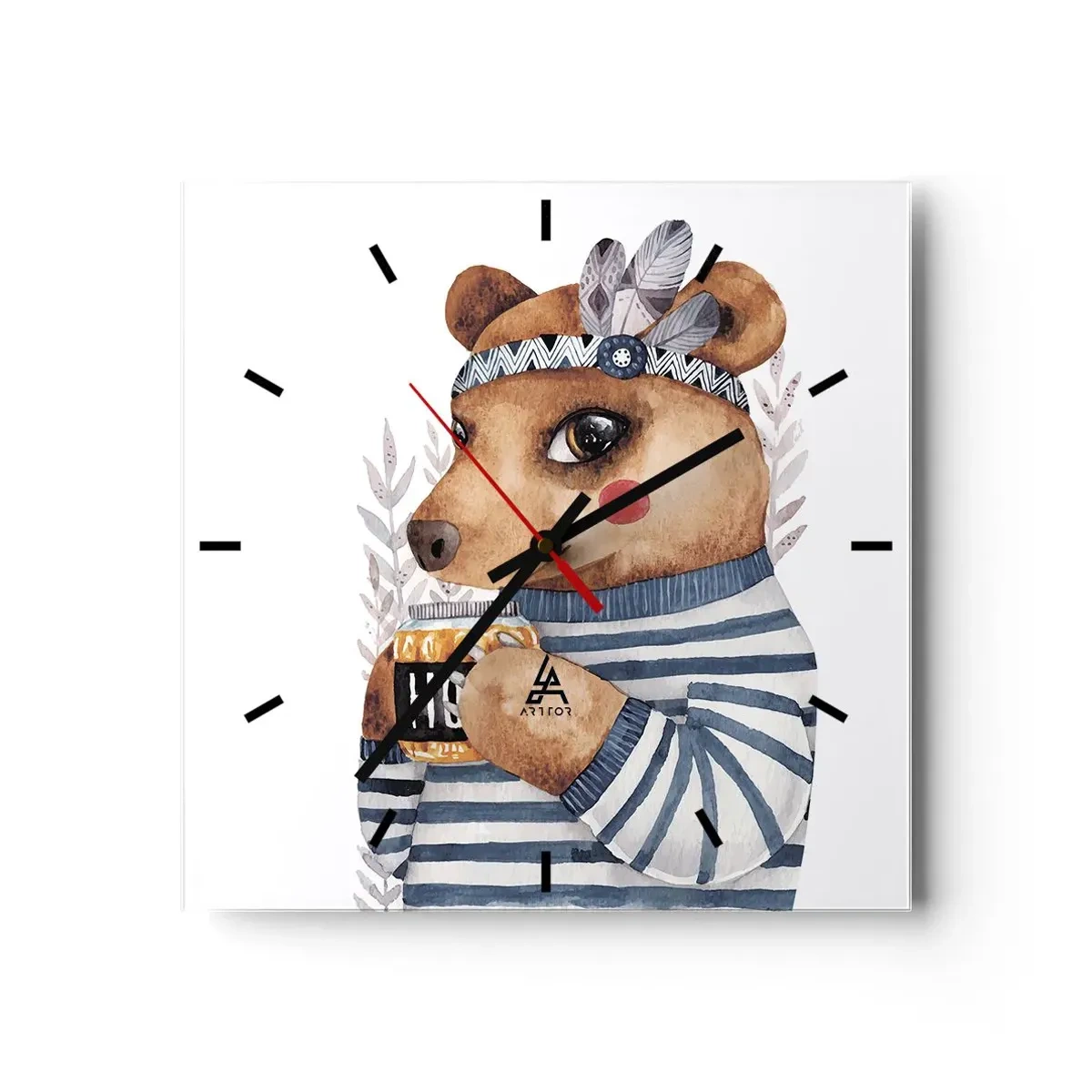 Orologio da parete - Orologio in Vetro - Un orsacchiotto con un maglione a righe con una tazza di miele - 30x30cm - Dolce orsetto - Decorazione murale moderna per soggiorno e camera da letto ARTTOR