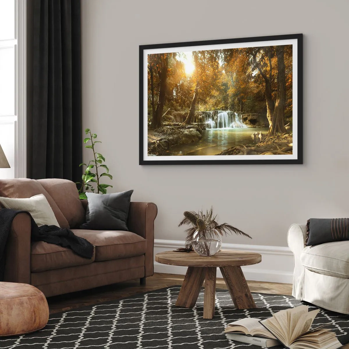 Poster in cornice nera - Paesaggio autunnale con cascata - 100x70cm - Cascata nel parco - Decorazione murale moderna per soggiorno e camera da letto ARTTOR