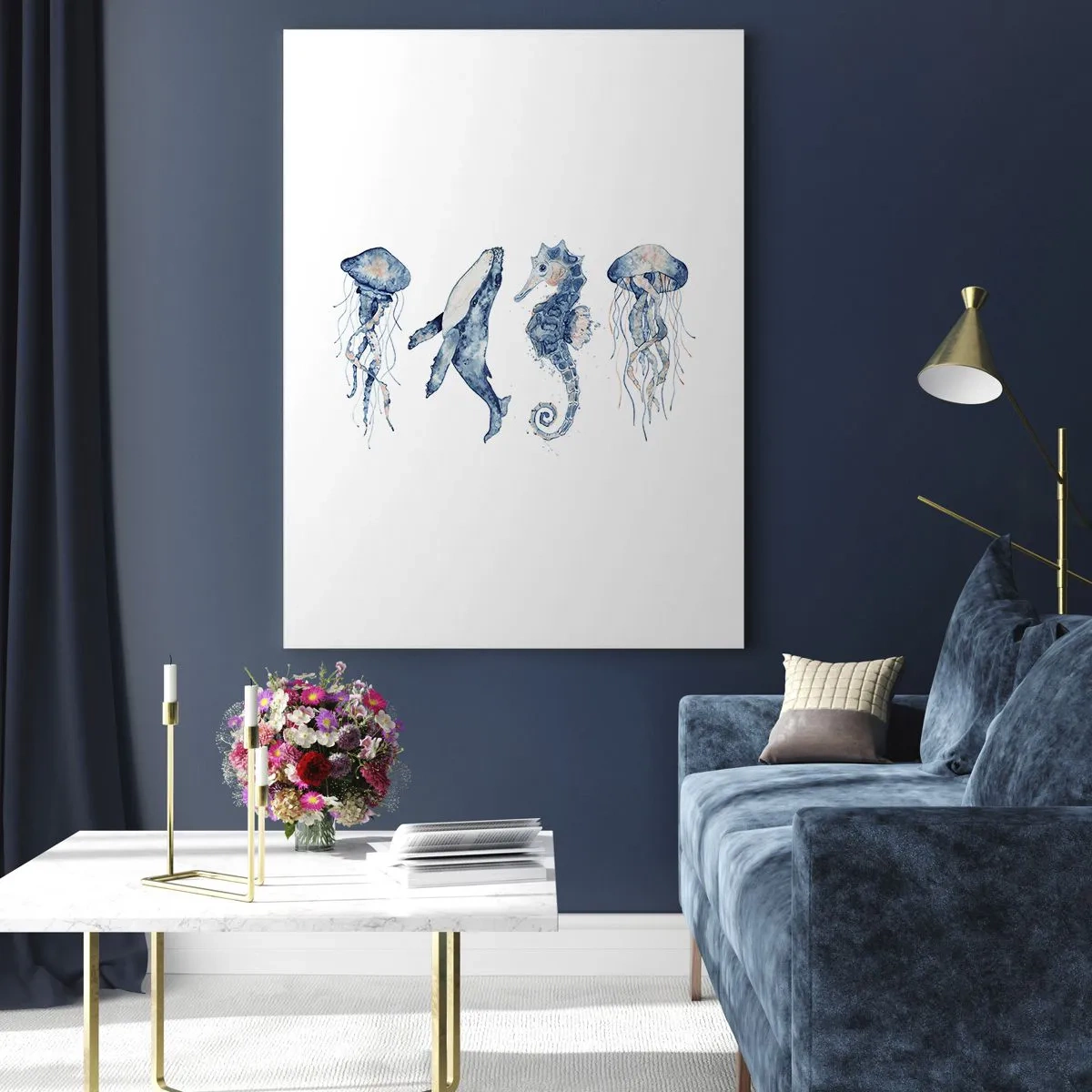 Quadro su vetro - Medusa, balena e cavalluccio marino in stile acquerello - 70x100cm - Meraviglie del mare - Decorazione murale moderna per soggiorno e camera da letto ARTTOR