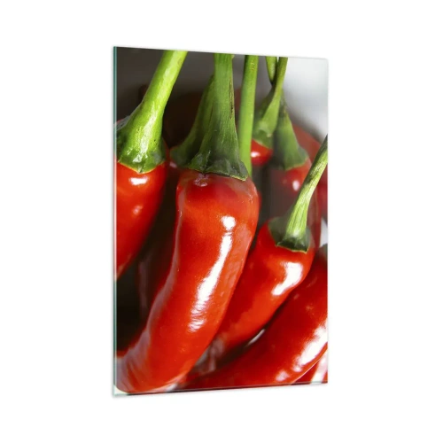 Quadro su vetro - Primo piano di peperoncini rossi con steli verdi - 80x120cm - Succosi, lisci e lucenti - Decorazione murale moderna per soggiorno e camera da letto ARTTOR