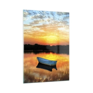 Quadro su vetro - Una barca su un lago calmo sotto i raggi del sole al tramonto - 50x70cm - Guarda, ascolta, medita - Decorazione murale moderna per soggiorno e camera da letto ARTTOR