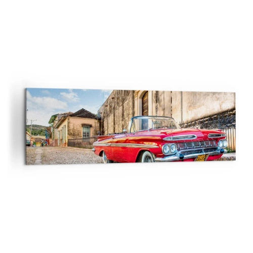 Quadro su tela - Stampe su Tela - Auto d'epoca rossa su una strada acciottolata - 160x50cm - Impressioni di Cuba - Decorazione murale moderna per soggiorno e camera da letto ARTTOR