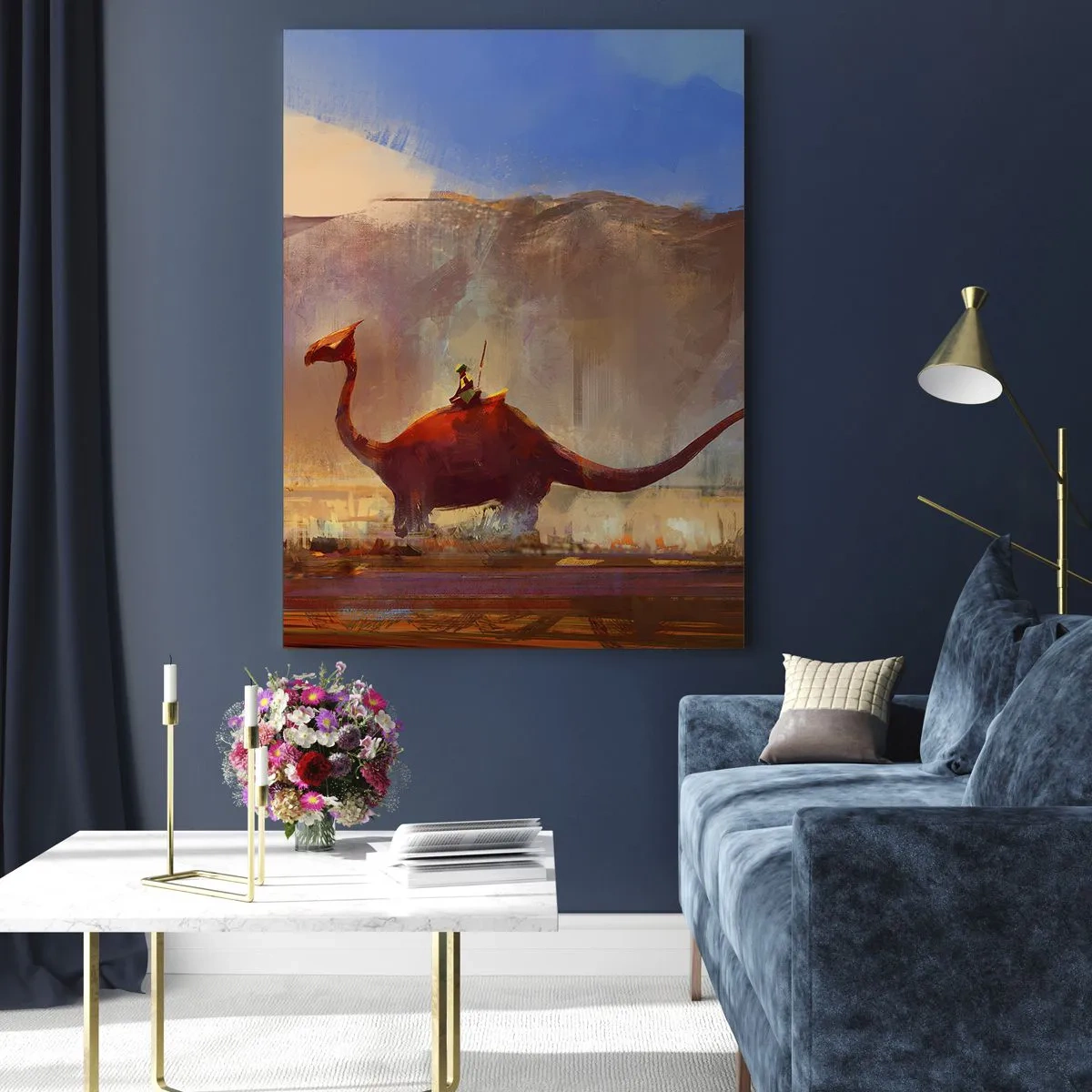 Quadro su vetro - Un paesaggio fantastico con un cavaliere su una creatura preistorica - 50x70cm - Se non si fossero estinti - Decorazione murale moderna per soggiorno e camera da letto ARTTOR