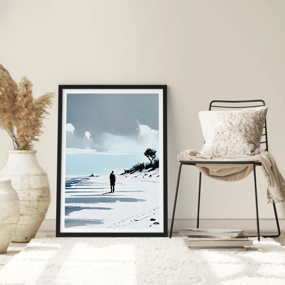 Poster in cornice nera - Una figura solitaria sulla spiaggia nei toni dell'acquerello - 50x70cm - Solo con se stesso - Decorazione murale moderna per soggiorno e camera da letto ARTTOR