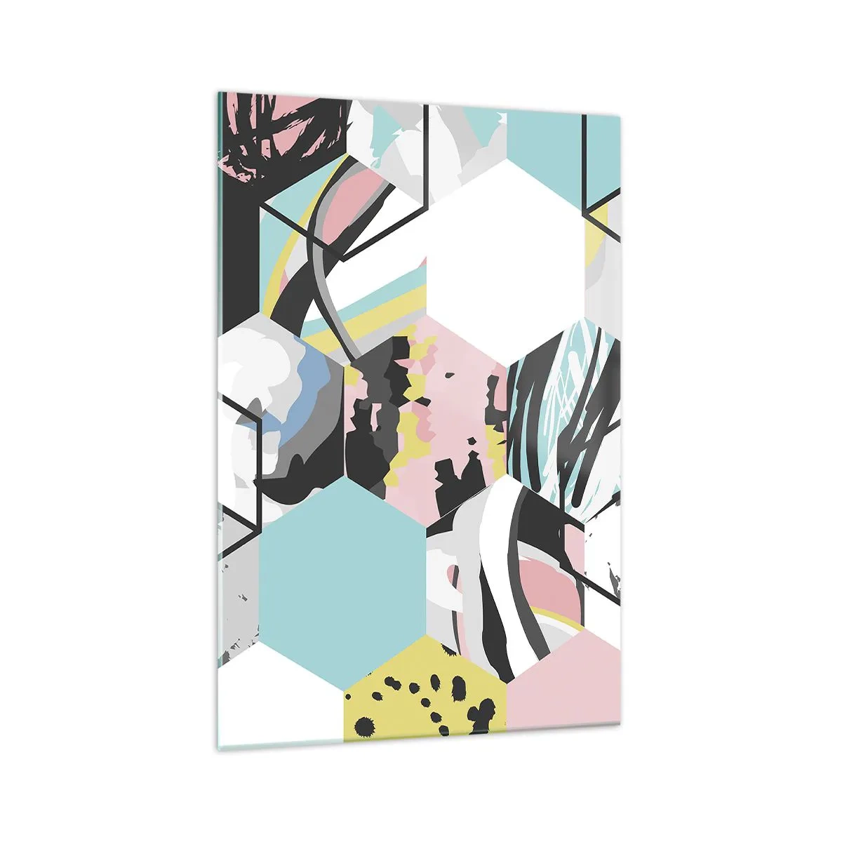 Quadro su vetro - Motivo esagonale geometrico con dettagli astratti colorati - 70x100cm - Esagoni e cubi in sei tonalità - Decorazione murale moderna per soggiorno e camera da letto ARTTOR