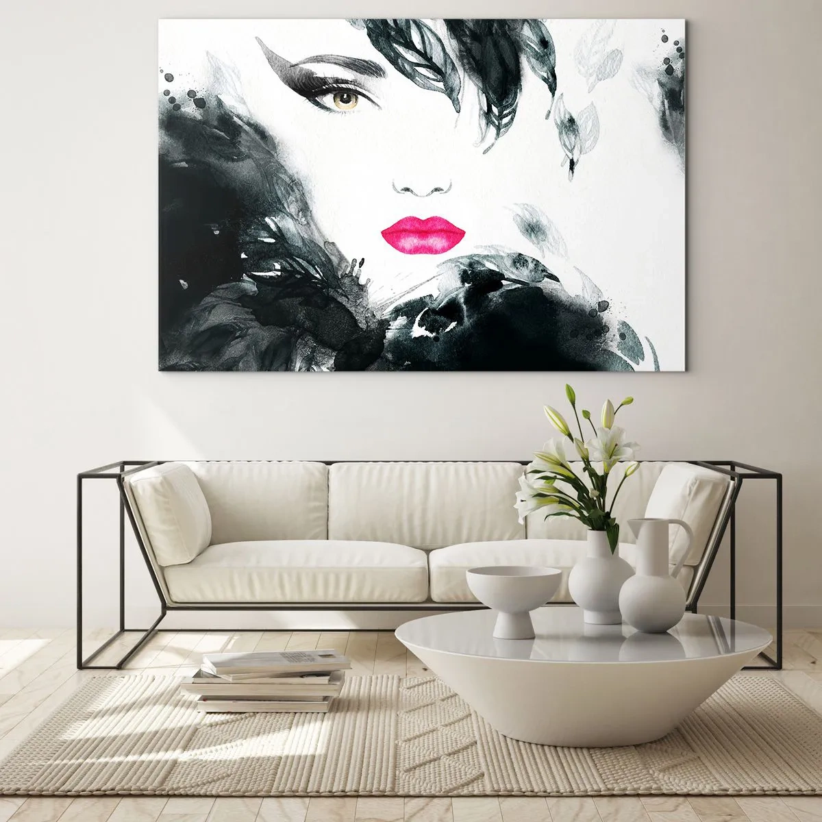 Quadro su vetro - Ritratto di una donna con labbra rosa e accenti neri - 120x80cm - Attenzione! Femme fatale - Decorazione murale moderna per soggiorno e camera da letto ARTTOR