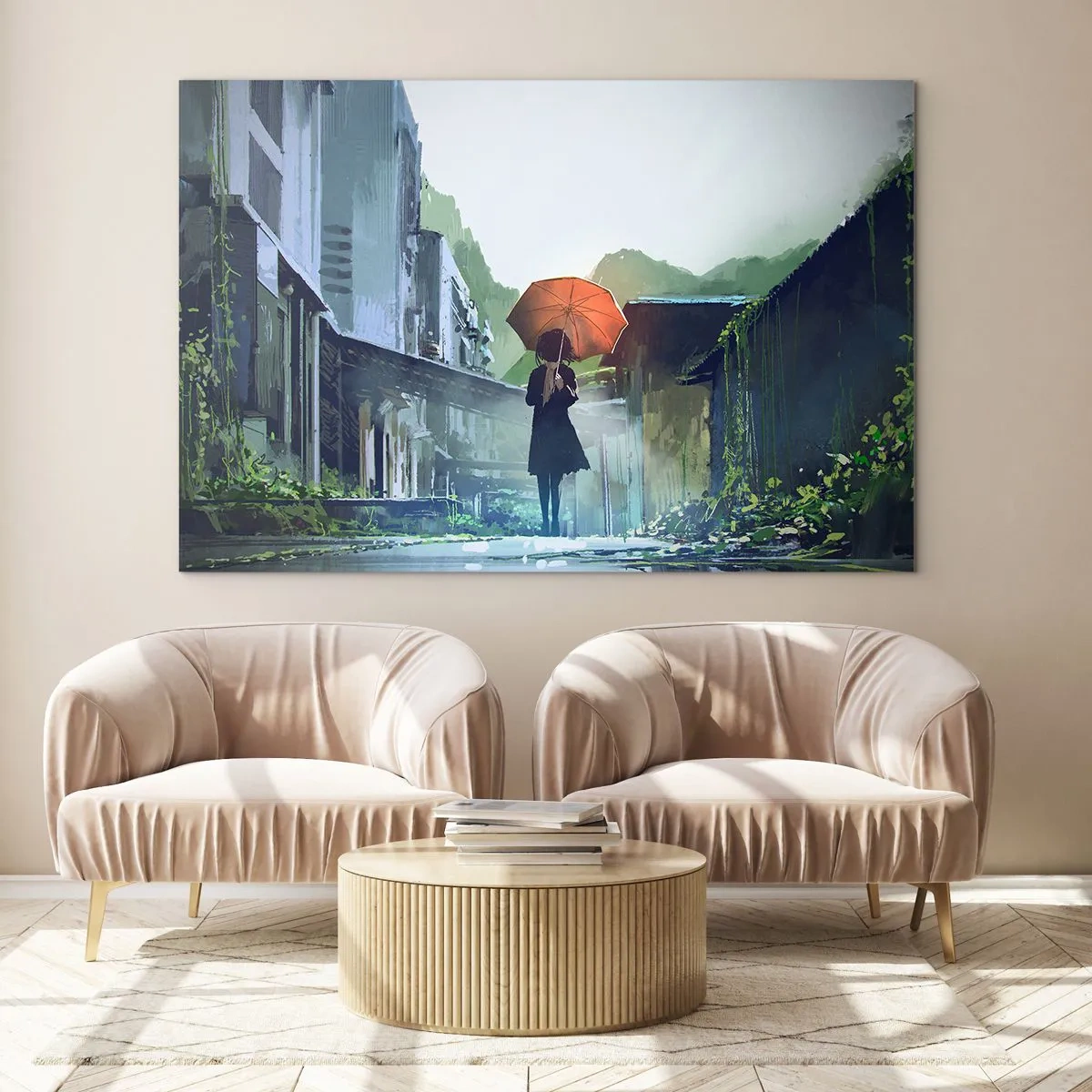 Quadro su vetro - Una figura con un ombrello arancione su una strada piovosa - 70x50cm - Pioggia vivificante - Decorazione murale moderna per soggiorno e camera da letto ARTTOR