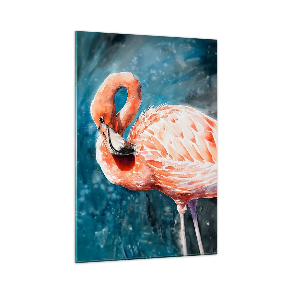 Quadro su vetro - Un fenicottero rosa su uno sfondo blu acquerello - 80x120cm - Naturalmente decorativo - Decorazione murale moderna per soggiorno e camera da letto ARTTOR