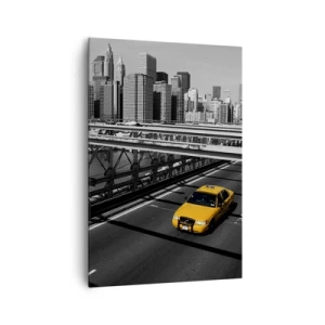 Quadro su tela - Stampe su Tela - Taxi giallo su un ponte con vista sullo skyline di New York - 70x100cm - Il colore della grande città - Decorazione murale moderna per soggiorno e camera da letto ARTTOR