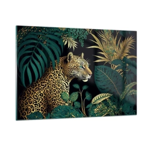 Quadro su vetro - Un leopardo tra foglie tropicali su uno sfondo scuro - 120x80cm - Il signore della giungla - Decorazione murale moderna per soggiorno e camera da letto ARTTOR