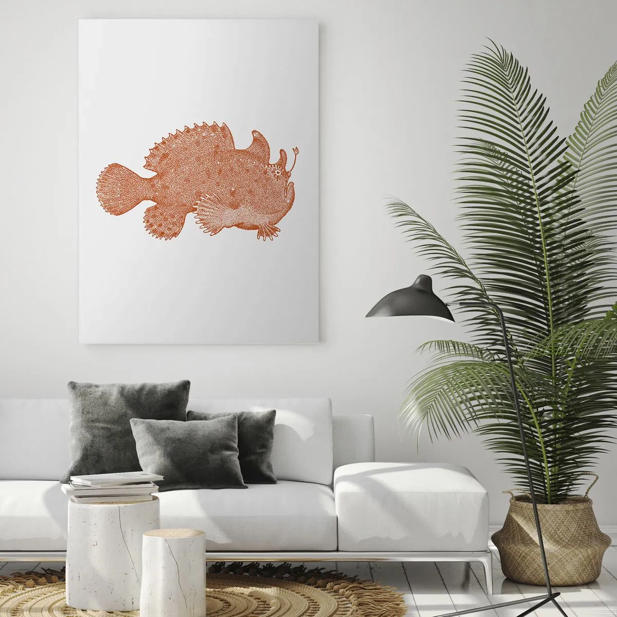 Quadro su vetro - Un disegno arrugginito di un pesce di profondità realizzato utilizzando la tecnica dei punti - 50x70cm - È davvero un pesce - Decorazione murale moderna per soggiorno e camera da letto ARTTOR