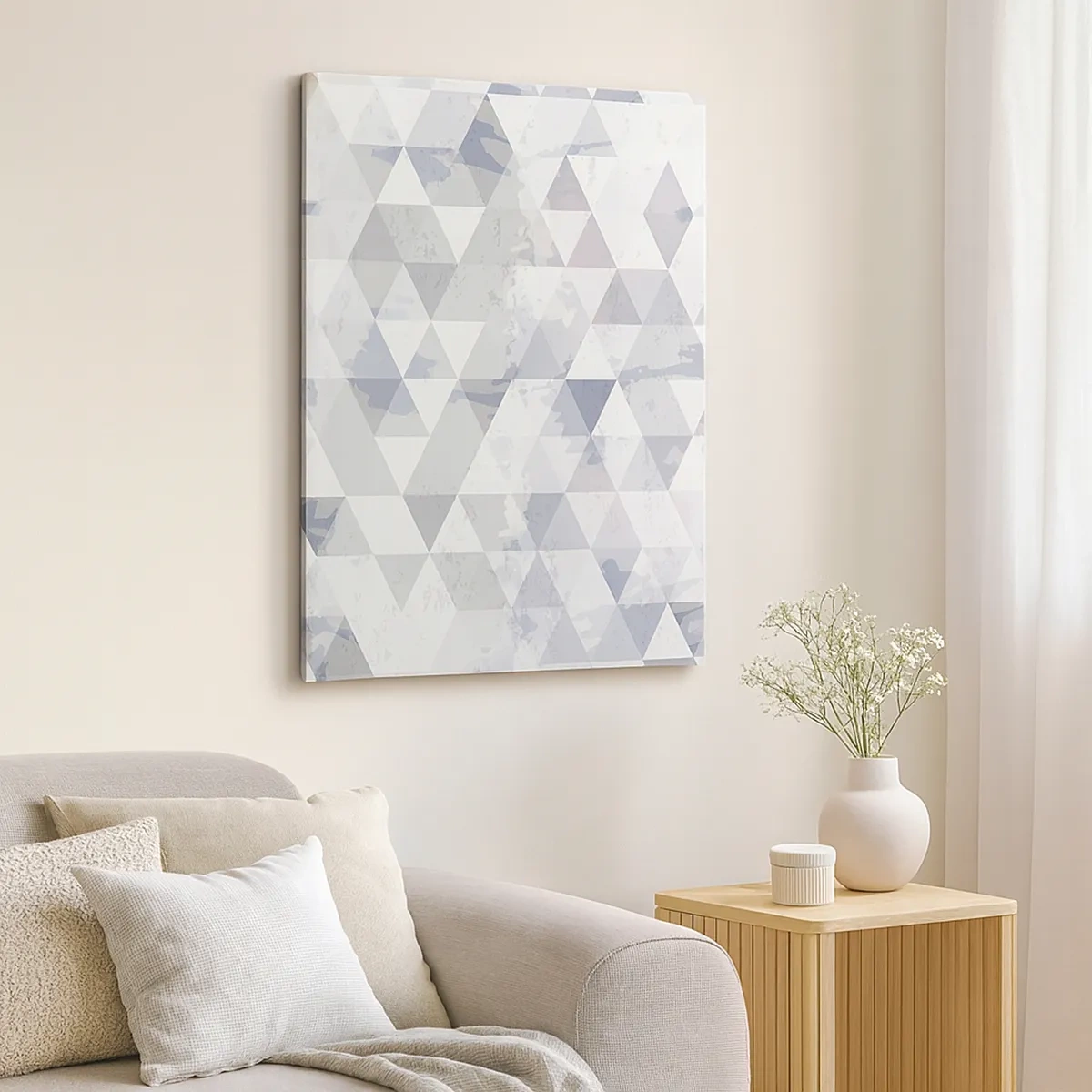 Quadro su tela - Stampe su Tela - Motivo geometrico a triangolo in tonalità pastello - 50x70cm - Al ritmo di tre - Decorazione murale moderna per soggiorno e camera da letto ARTTOR