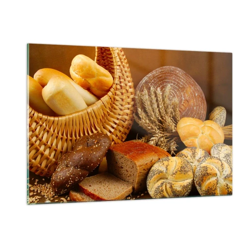 Quadro su vetro - Un cesto di pane e pagnotte sullo sfondo di spighe di grano - 120x80cm - Direttamente dal forno - Decorazione murale moderna per soggiorno e camera da letto ARTTOR