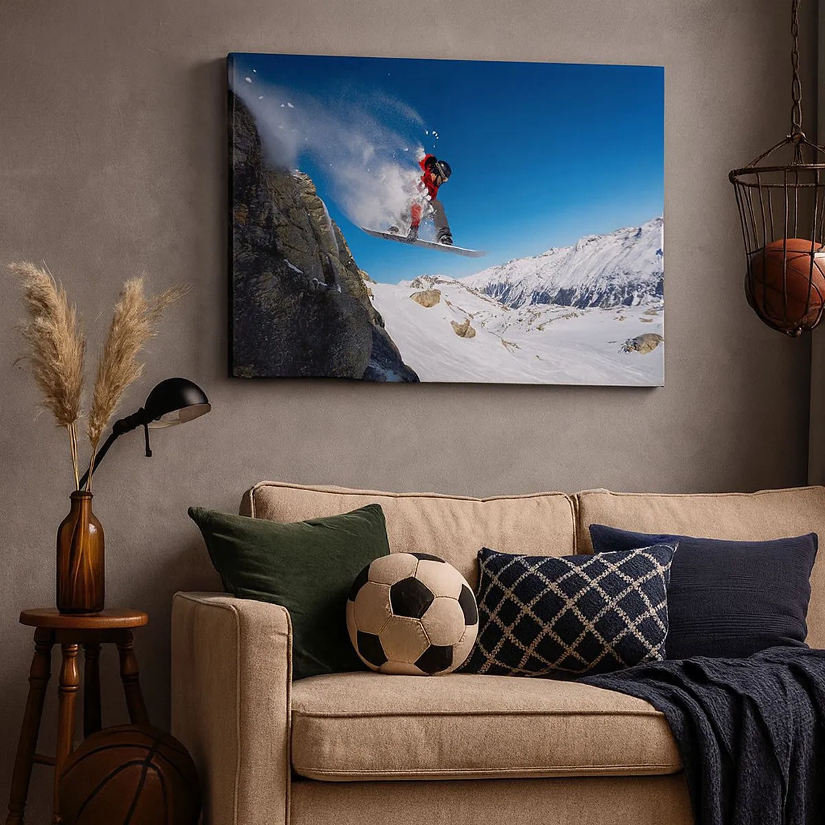 Quadro su tela - Stampe su Tela - Uno snowboarder salta da una roccia contro un paesaggio montano - 70x50cm - E diventi parte del panorama - Decorazione murale moderna per soggiorno e camera da letto ARTTOR