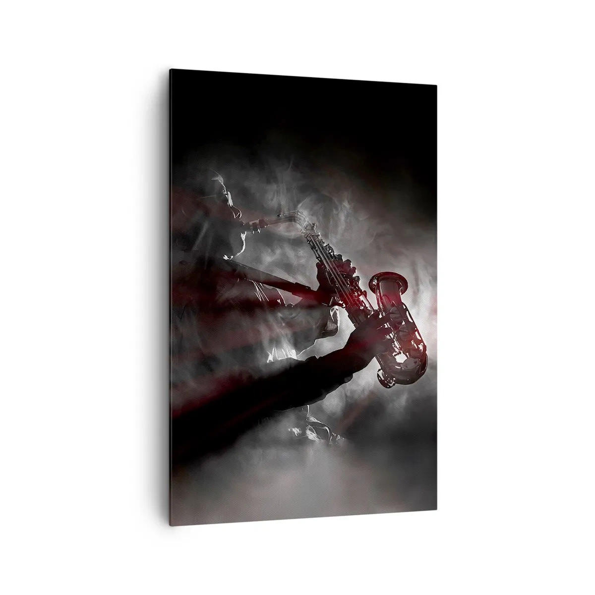 Quadro su tela - Stampe su Tela - Sassofonista in fumo sul palco in un suggestivo abito nero e rosso - 80x120cm - Nei fumi del jazz - Decorazione murale moderna per soggiorno e camera da letto ARTTOR