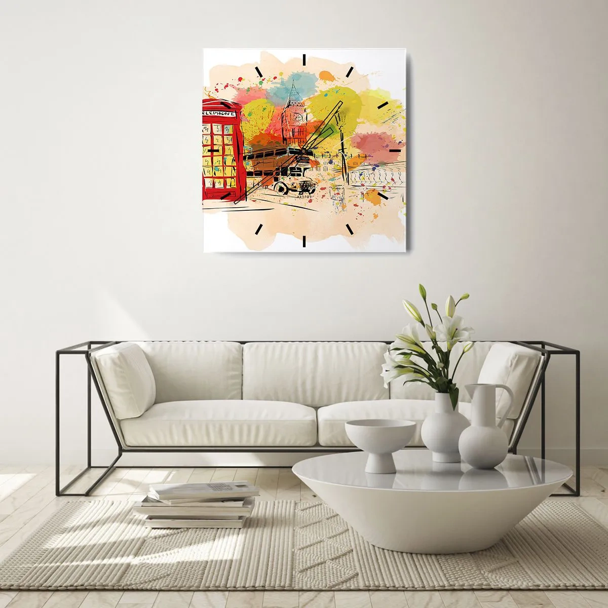 Orologio da parete - Orologio in Vetro - Tema di Londra con autobus rosso e cabina - 30x30cm - La città della varietà - Decorazione murale moderna per soggiorno e camera da letto ARTTOR