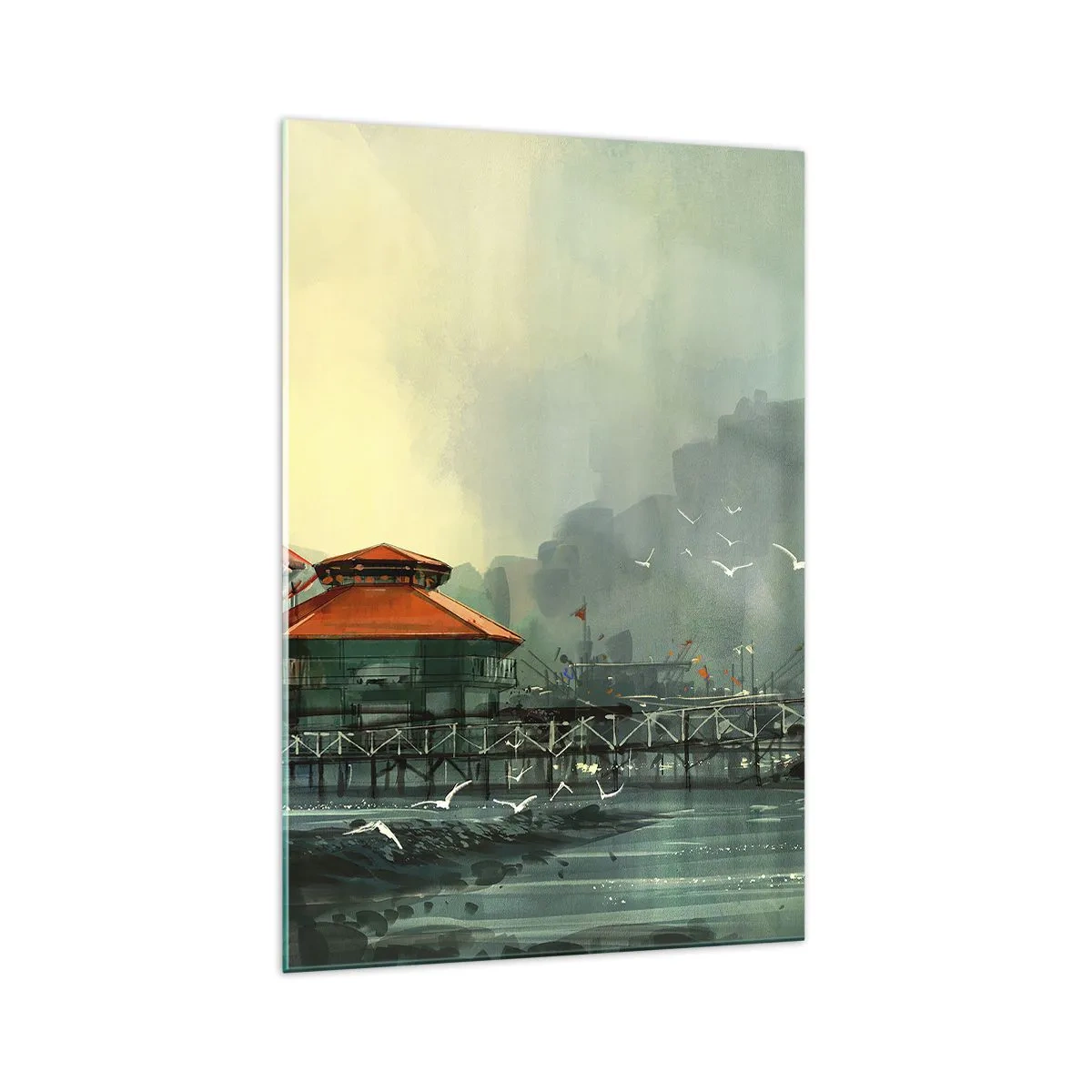 Quadro su vetro - Edifici portuali in uno scenario piovoso con gabbiani - 70x100cm - Giornata di pioggia al porto - Decorazione murale moderna per soggiorno e camera da letto ARTTOR