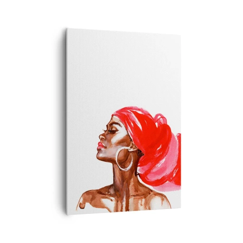 Quadro su tela - Stampe su Tela - Profilo di una donna con turbante rosso e orecchini - 70x100cm - C'è un vento che allarga le narici dell'uomo - Decorazione murale moderna per soggiorno e camera da letto ARTTOR
