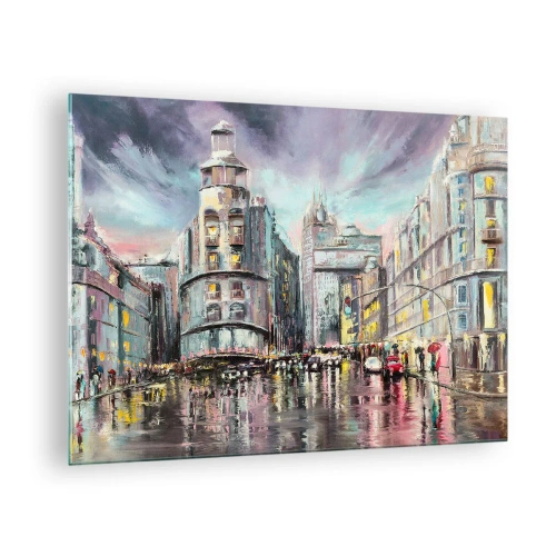 Quadro su vetro - Una strada cittadina sotto la pioggia con uno spettacolare riflesso delle luci - 70x50cm - Sarà una serata riuscita - Decorazione murale moderna per soggiorno e camera da letto ARTTOR