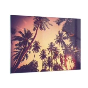 Quadro su vetro - Palme sotto i raggi del sole al tramonto - 100x70cm - Composizione tropicale - Decorazione murale moderna per soggiorno e camera da letto ARTTOR