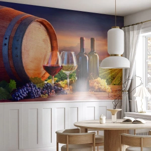 Fotomurale su misura Premium Canvas - Qui la vita ha gusto - Vigneto, Botte di vino, Uva