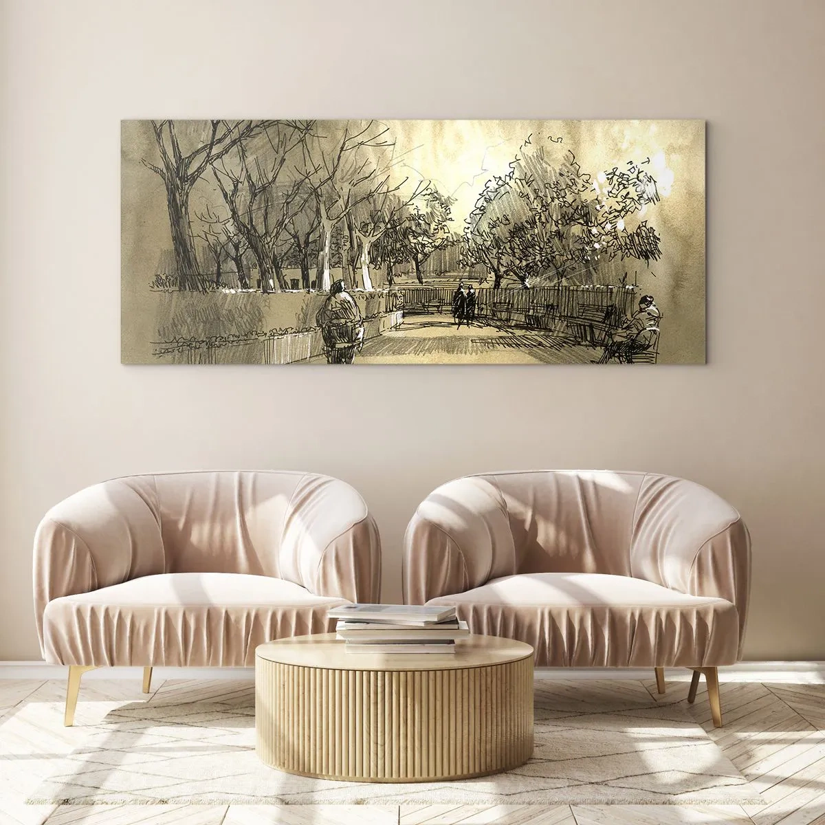 Quadro su vetro - Una scena di cartone animato di un parco con persone che camminano in toni caldi. - 120x50cm - Attimo fermato con la penna - Decorazione murale moderna per soggiorno e camera da letto ARTTOR