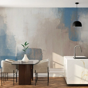 Fotomurali Premium Sand - Una moderna composizione di macchie nei toni del blu e del beige - 100x70cm - Astrazione rosa coperta dal blu - Decorazione murale moderna per soggiorno e camera da letto ARTTOR