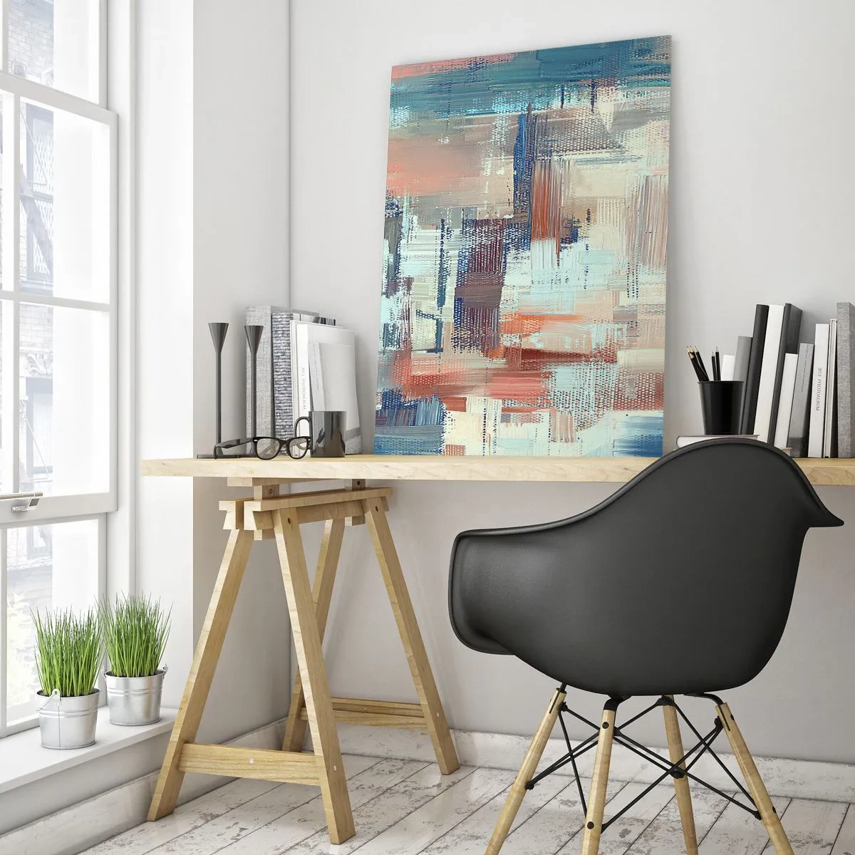 Quadro su vetro - Composizione astratta nei toni del blu e del beige - 70x100cm - Arrivando alla luce - Decorazione murale moderna per soggiorno e camera da letto ARTTOR