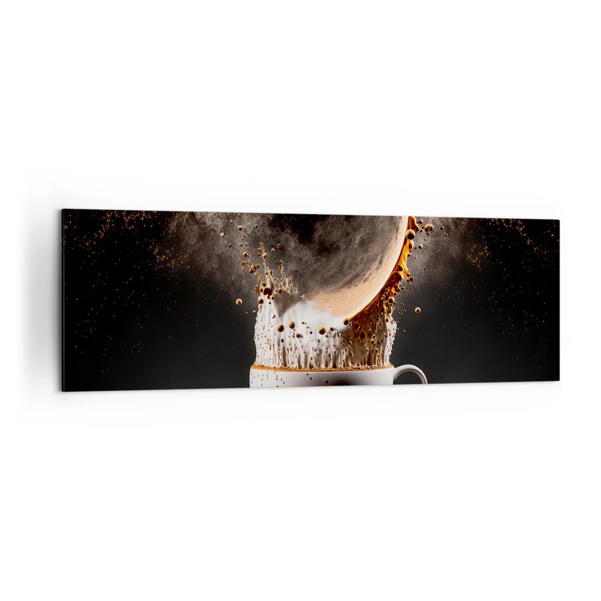 Quadro su tela - Stampe su Tela - Una tazza di caffè con un'esplosione dinamica di liquido su uno sfondo nero. - 160x50cm - Esplosione di sapore - Decorazione murale moderna per soggiorno e camera da letto ARTTOR