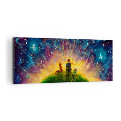 Quadro su tela - Stampe su Tela - Figure su una collina verde circondata da un cielo stellato - 120x50cm - Amore e amicizia: l'intero mondo - Decorazione murale moderna per soggiorno e camera da letto ARTTOR