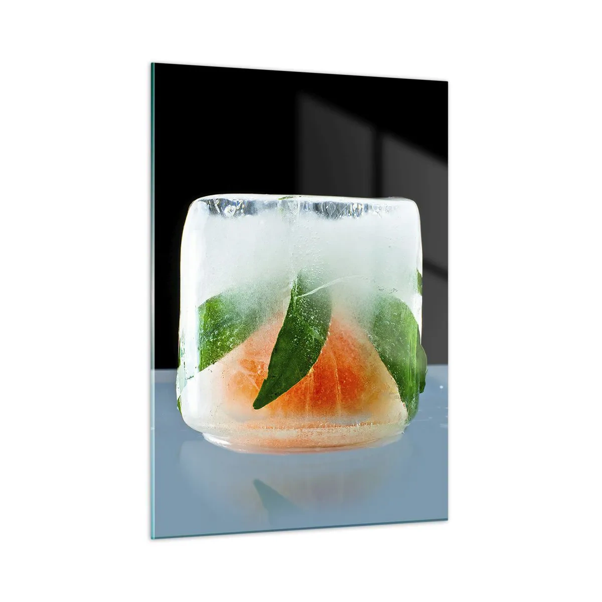 Quadro su vetro - Frutta e foglie congelate nel ghiaccio trasparente - 50x70cm - Freschezza e rinfresco - Decorazione murale moderna per soggiorno e camera da letto ARTTOR