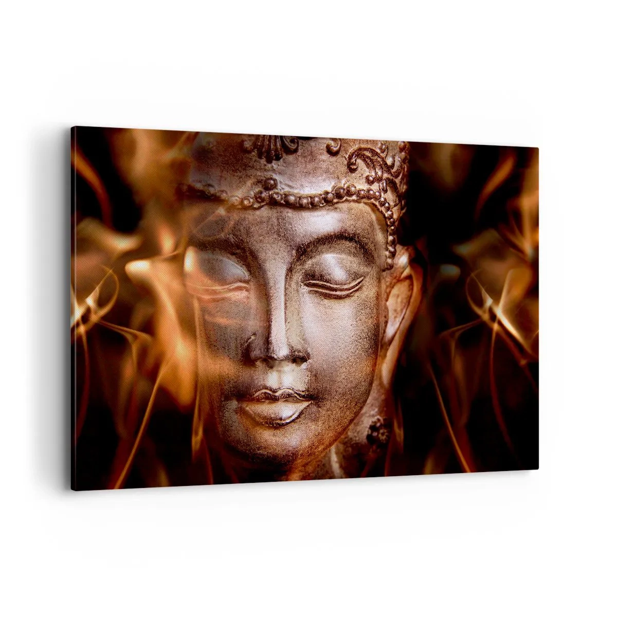 Quadro su tela - Stampe su Tela - Una statua del Buddha tra fiamme dai riflessi dorati - 120x80cm - Esiste solo qui e ora - Decorazione murale moderna per soggiorno e camera da letto ARTTOR