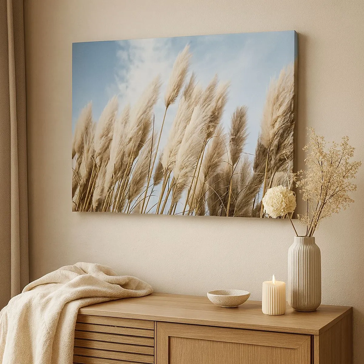 Quadro su tela - Stampe su Tela - Delicati prati di pampa contro un cielo azzurro con nuvole leggere - 70x50cm - Le carezze del sole e del vento - Decorazione murale moderna per soggiorno e camera da letto ARTTOR