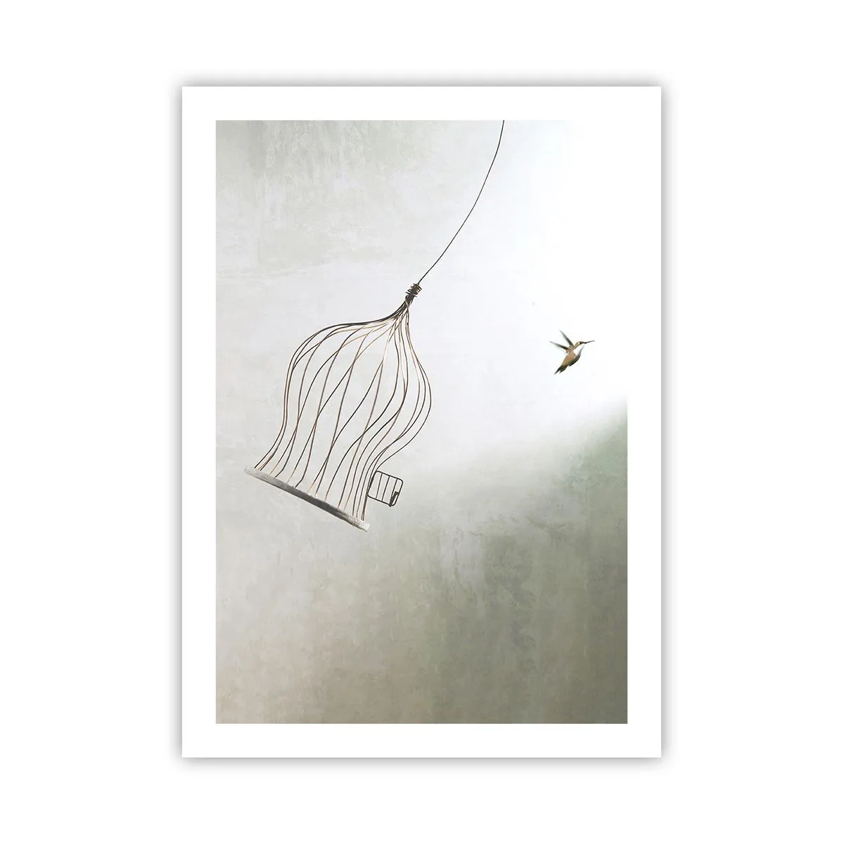 Poster - Un uccello che esce dalla gabbia in stile minimalista. - 50x70cm - Nel proprio elemento - Decorazione murale moderna per soggiorno e camera da letto ARTTOR