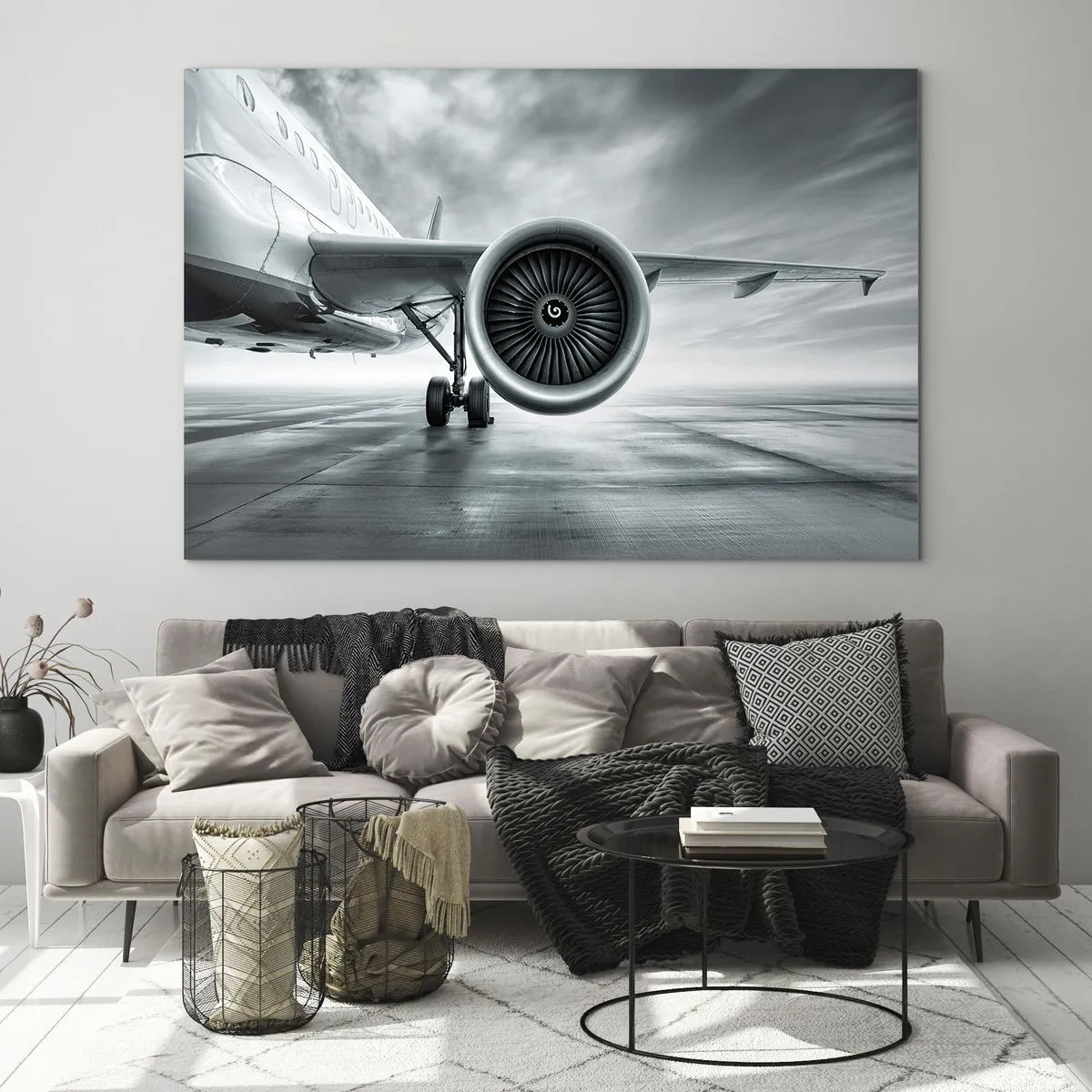 Quadro su vetro - La turbina di un aereo passeggeri sulla pista all'alba - 100x70cm - C'è la forza! - Decorazione murale moderna per soggiorno e camera da letto ARTTOR